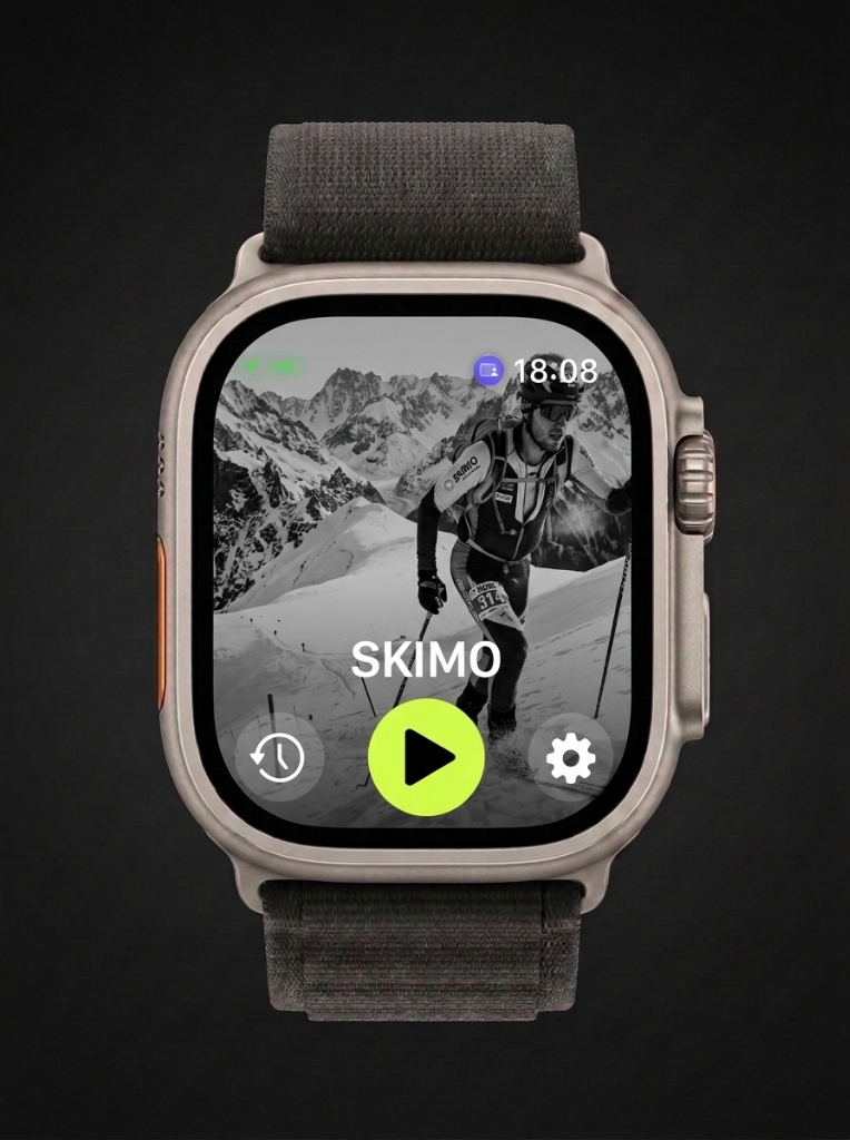 Apple Watch Ultra showing ReFuel's Ski Mountaineering sport start screen with a play button